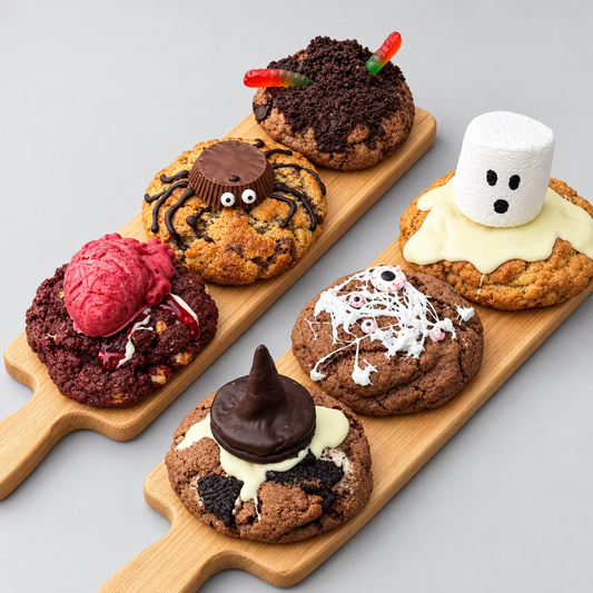 six Halloween-themed gourmet cookies arranged on two wooden serving boards over a red wooden plank surface. The cookies are decorated to look like spider legs, a ghost, a marshmallow, a chocolate swirl, and a pink strawberry swirl, with some topped with small red candy accents.
