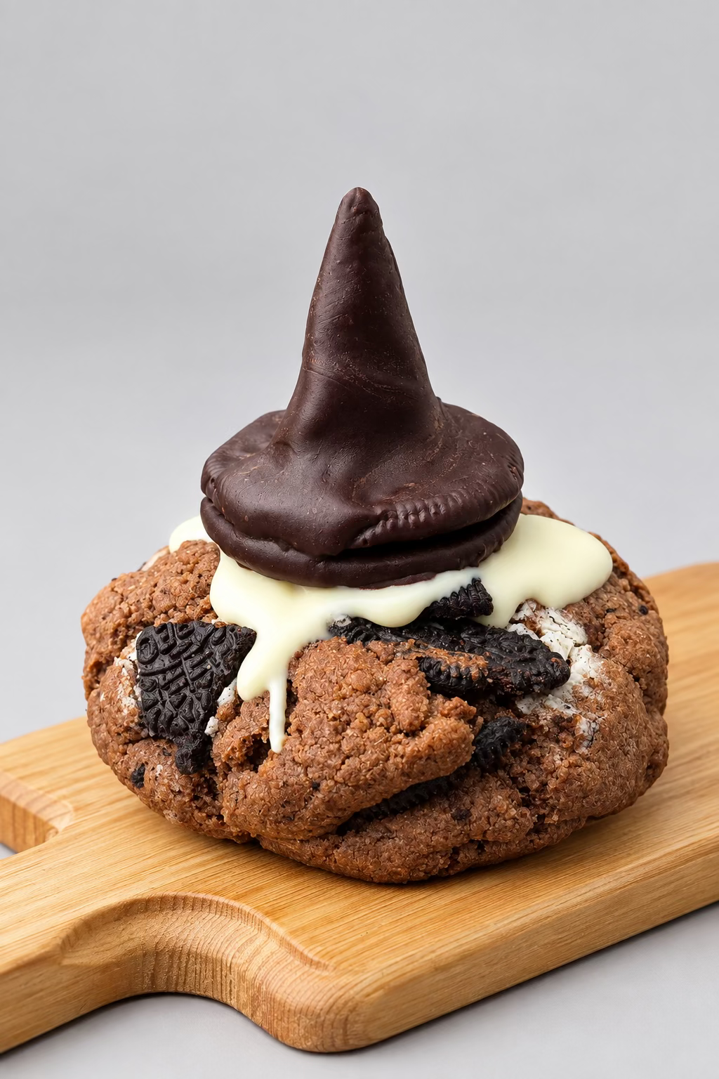 A chocolate chip cookie topped with white chocolate drizzle and a dark chocolate pointed decoration, served on a wooden board on a red wooden table. Another cookie is partially visible in the background.