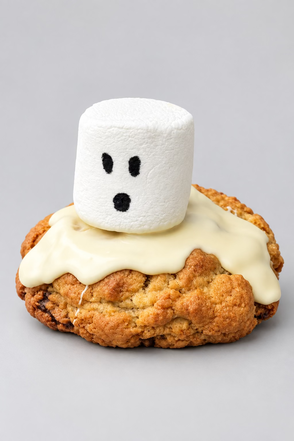 A marshmallow ghost decoration on a pumpkin spice cookie with white chocolate drizzle, presented on a wooden board on a red wooden deck.