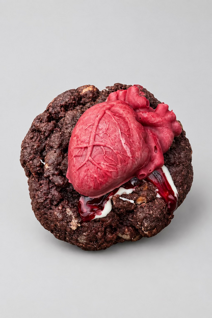 A novelty Halloween prank cookie or cake topped with a realistic pink severed heart and fake blood, resting on a wooden board outdoors with a blurred grassy background.