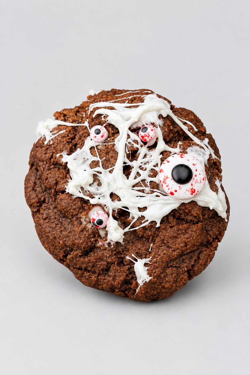 A spooky Halloween cookie decorated with white spiderwebs and fake eyeballs, resting on a wooden deck railing with a blurred green lawn in the background.