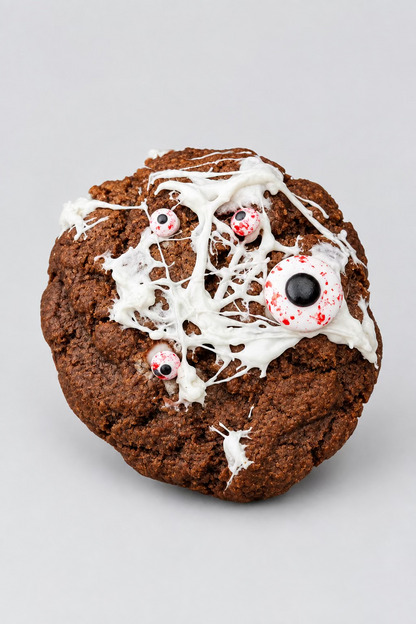 A spooky Halloween cookie decorated with white spiderwebs and fake eyeballs, resting on a wooden deck railing with a blurred green lawn in the background.