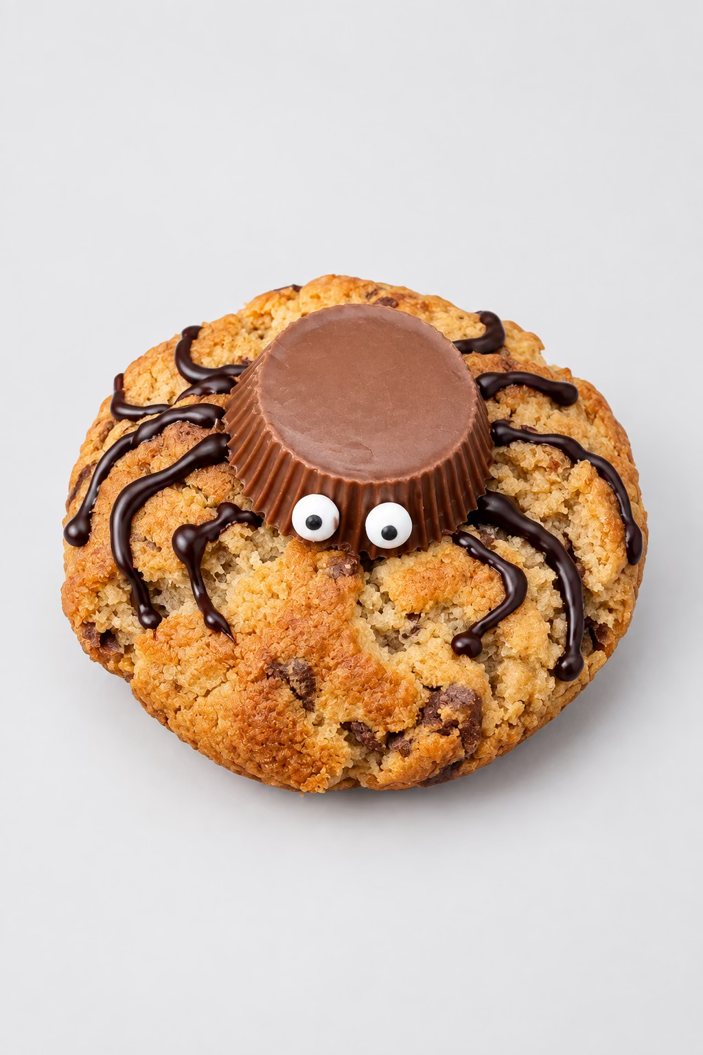A decorated chocolate chip cookie shaped like a spider, resting on a wooden board with a blurred grassy background.