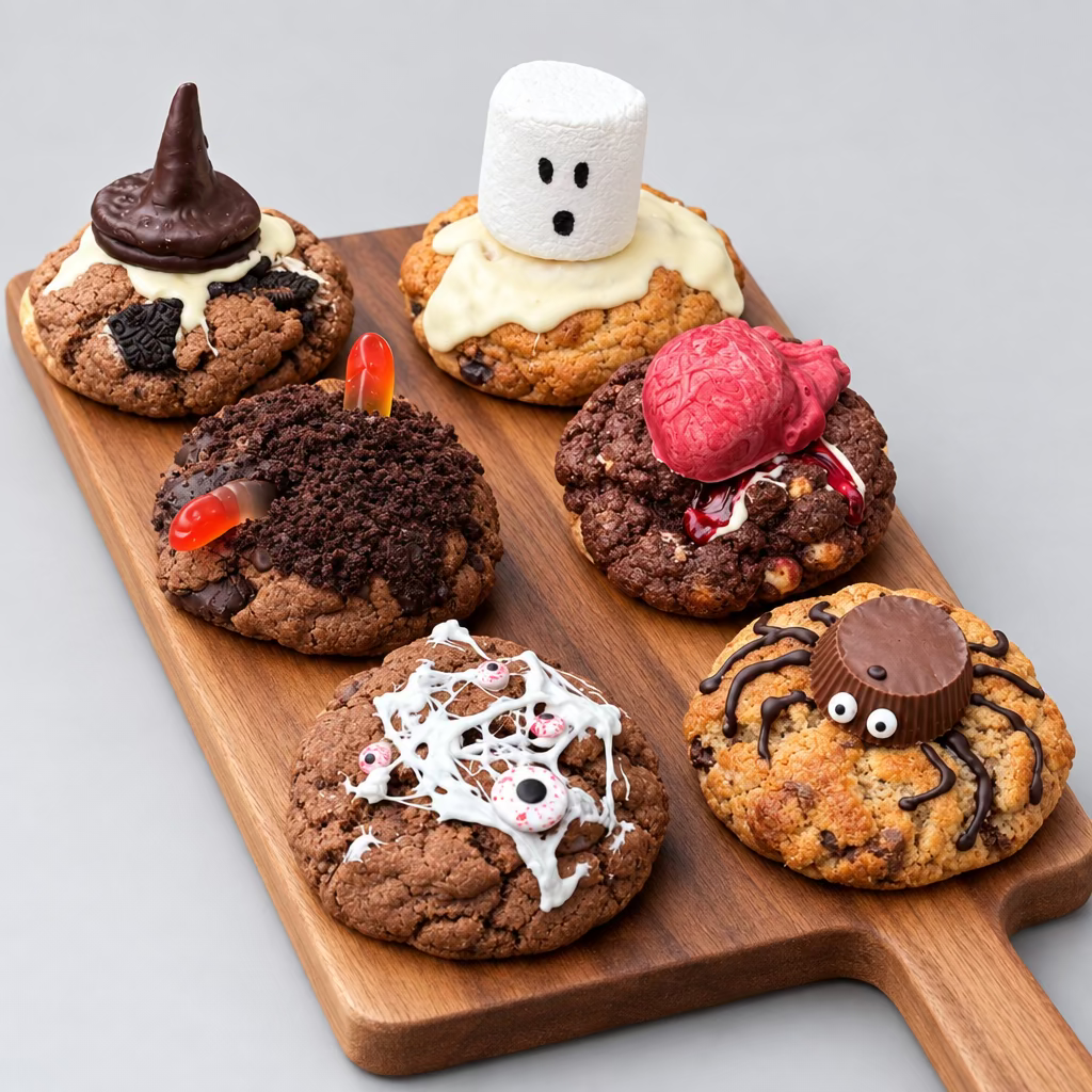 Six decorated chocolate chip cookies arranged on two wooden serving boards placed on green grass. The cookies include novelty Halloween-themed toppings such as a marshmallow with eyes, a pink frosting swirl, white candy eyes, and a spider decoration.