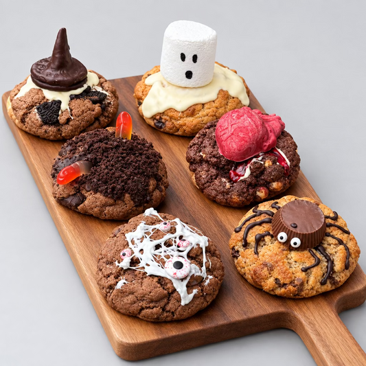 Six decorated chocolate chip cookies arranged on two wooden serving boards placed on green grass. The cookies include novelty Halloween-themed toppings such as a marshmallow with eyes, a pink frosting swirl, white candy eyes, and a spider decoration.