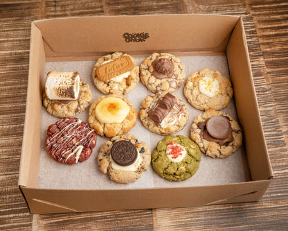 The Cookie Dror box of 10 jumbo, S'mores, Biscoff, Ferrero Rocher, Lemon White Choc, Red Velvet, Matcha, Reese's, Kinder