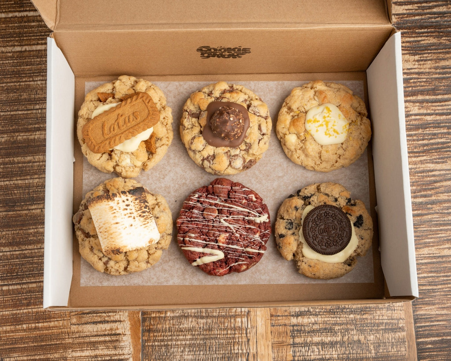 The Cookie Dror box of 6 jumbo cookies, Biscoff, Ferrero Rocher, Lemon White Choc, S'mores, Red Velvet, Cookies and Cream