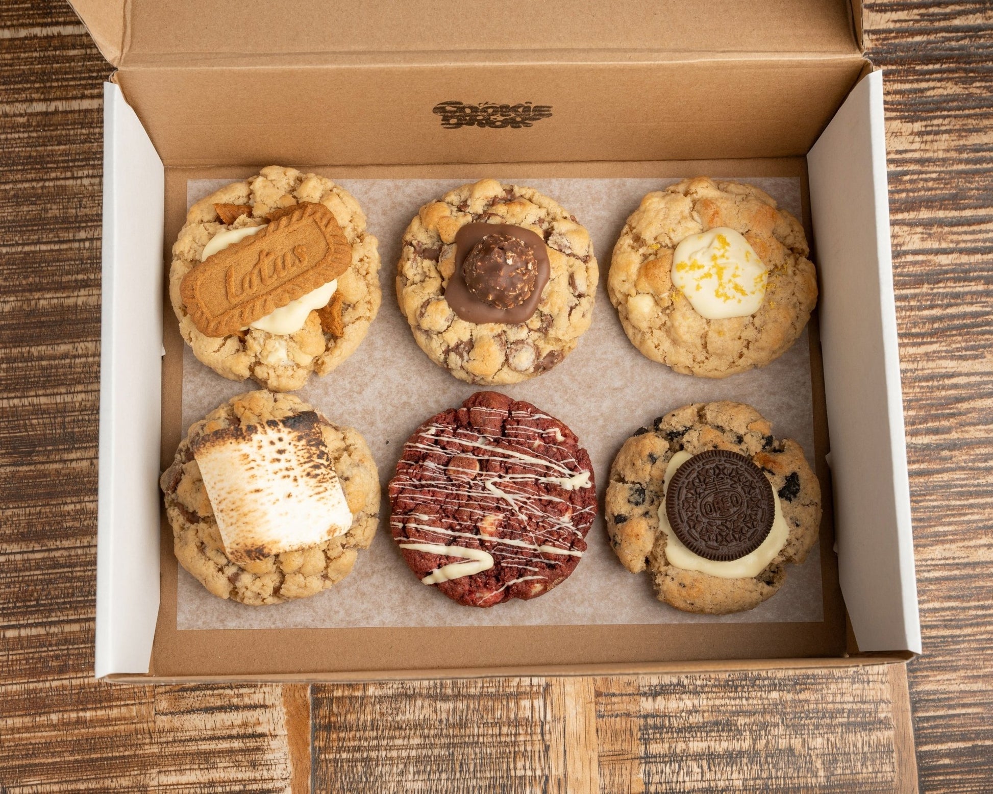 The Cookie Dror box of 6 jumbo cookies, Biscoff, Ferrero Rocher, Lemon White Choc, S'mores, Red Velvet, Cookies and Cream