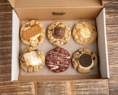 The Cookie Dror box of 6 jumbo cookies, Biscoff, Ferrero Rocher, Lemon White Choc, S'mores, Red Velvet, Cookies and Cream