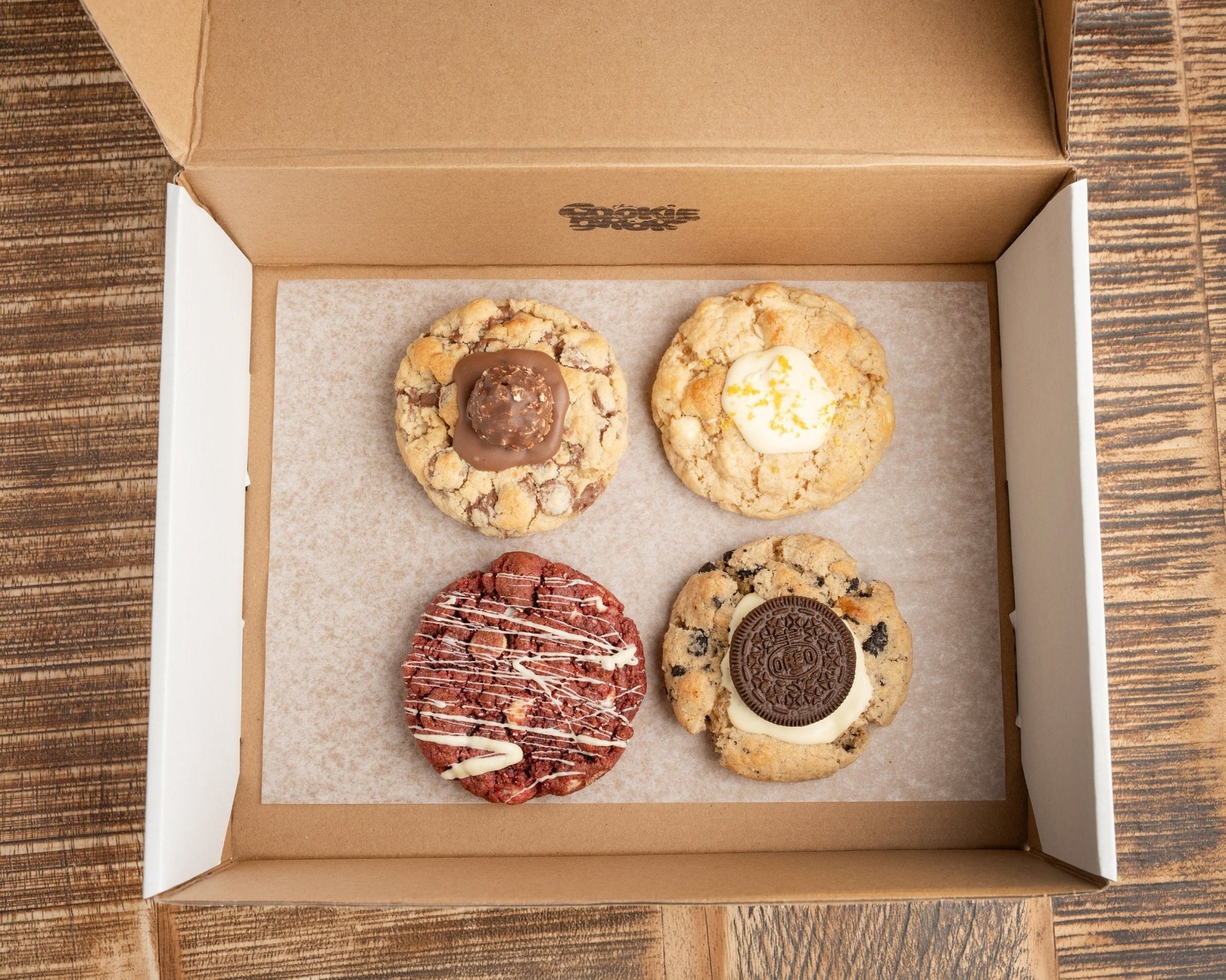he Cookie Dror box of 4 jumbo artisan cookies — Ferrero Rocher, Lemon White Choc, Red Velvet, Cookies and Cream