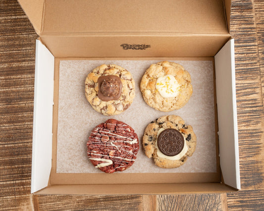 he Cookie Dror box of 4 jumbo artisan cookies — Ferrero Rocher, Lemon White Choc, Red Velvet, Cookies and Cream